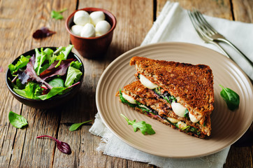 Fresh green mozzarella grilled rye sandwich
