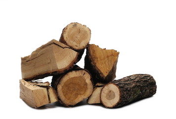 Wood stumps, log fire isolated on white background with clipping path