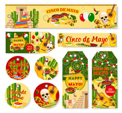 Cinco de Mayo Mexican holiday fiesta vector tags
