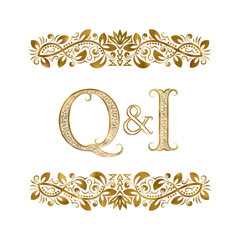 Q and I vintage initials logo symbol. The letters are surrounded by ornamental elements. Wedding or business partners monogram in royal style.