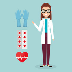 female doctor with medical icons vector illustration design