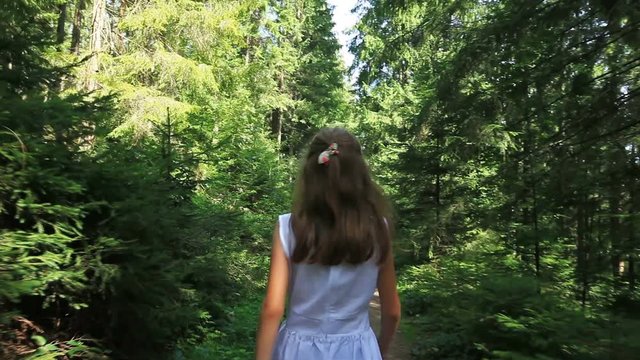 Back view of little girl walking in forest on sunny day