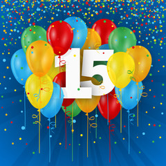 15 YEARS - HAPPY BIRTHDAY/ANNIVERSARY BANNER WITH COLOURFUL BALLOONS