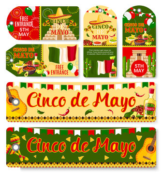 Cinco de Mayo Mexican holiday vector tags