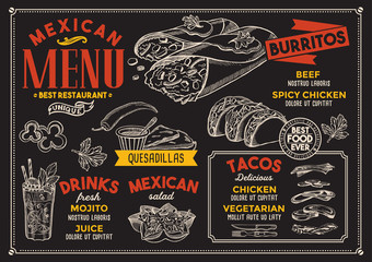 Mexican restaurant menu. Vector food flyer for bar and cafe. Design template with vintage hand-drawn illustrations.