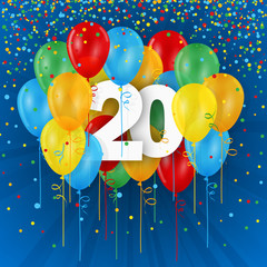 20 YEARS - HAPPY BIRTHDAY/ANNIVERSARY BANNER WITH COLOURFUL BALLOONS