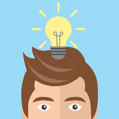 Businessman with an idea concept. Man standing next to light bulb as symbol of great business idea. Flat vector illustration