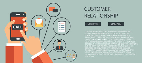 Business customer care service concept. Icons set of contact us, support, help, phone call and website click. Man sitting on the floor and holding lap top with telephone by his side. Flat vector