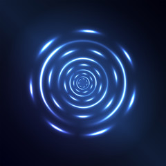 Vector abstract neon light effect blue circles background. Glowing decorative swirl effect, luminous rings on black. Illustration of illumination painting. Meditative pulsing, twinkling shapes.