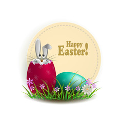 design element, broken easter egg with rabbit and frame with text