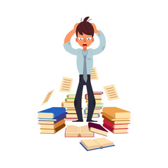 Vector flat exhausted tired shocked man student or worker standing holding hair with books pile at floor. Overwork or studying exams concept. Education and stress concept. Isolated illustration