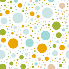 Colorful polka dots seamless pattern on white 1 background. Curious classic colorful polka dots textile pattern. Seamless scattered confetti fall chaotic decor. Abstract vector illustration.
