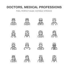 Doctors professions. Medical occupations - surgeon, cardiologist, dentist therapist, physician, nurse intern. Hospital clinic outline signs Pixel perfect 64x64.