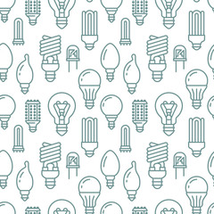 Light bulbs seamless pattern with flat line icons. Led lamps types, fluorescent, filament, halogen, diode and other illumination. Modern background with linear signs for electric store.