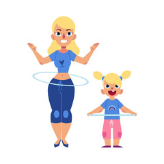 Vector flat young blonde girl kid and adult woman doing hula hoop rotating workout exercises. Active lifestyle female character doing sport. Isolated white background illustration