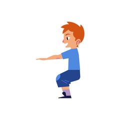 Vector cartoon young kid boy, man in casual clothing doing squat, quadriceps muscle workout exercises. Active lifestyle male character doing sport. Isolated background illustration