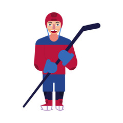 Vector flat young man in protective uniform, helmet standing holding ice hockey stick smiling. Active lifestyle male character doing sport. Isolated background illustration