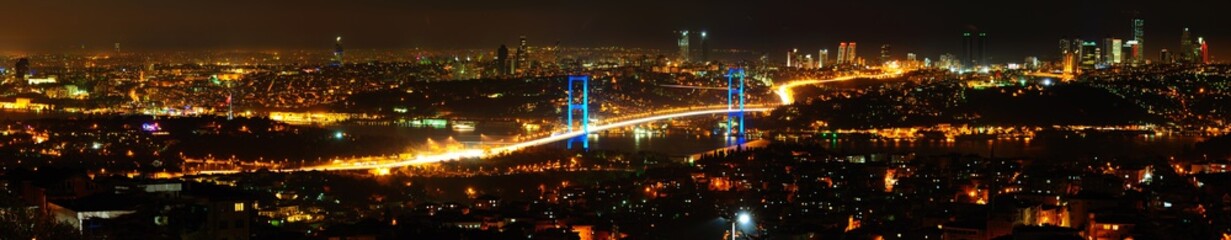 Fototapeta na wymiar Istanbul Turkey Bosphorus Night Panorama with Bosphorus Bridge