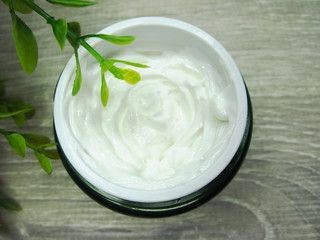 cosmetic cream for face care and green leaves