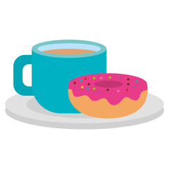 coffee cup with dish and donut vector illustration design