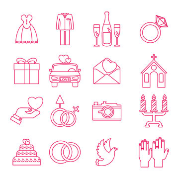 Vector flat outline web icons of love and wedding ceremony. Objects isolated on white background.