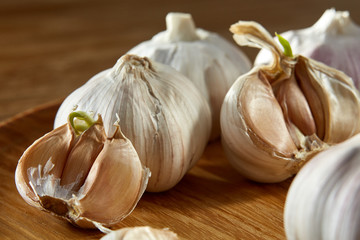 Garlic close up on wooden plate on rustic background, shallow depth of field, selective focus, macro