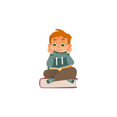 Vector cartoon small boy, male school or kindergarten character warm pullover sitting at big book reading textbook smiling. Preschool child student, education literature concept. Isolated illustration