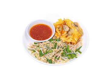 Thai food,Fried egg and oyster with bean sprouts and shallot as Hoi Tod Khai in Thai served
