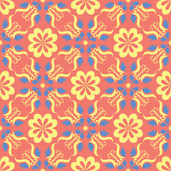Fototapeta na wymiar Flower design seamless pattern. Bright yellow and blue flower elements on salmon red background