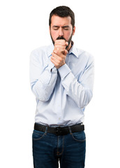 Fototapeta premium Handsome man with beard coughing a lot
