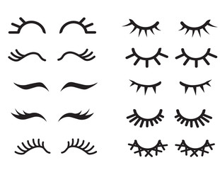 Vector cartoon eyelashes set.Long, fake eyelashes extension.Closed eyes.Different types of eyelash extensions. icon collection