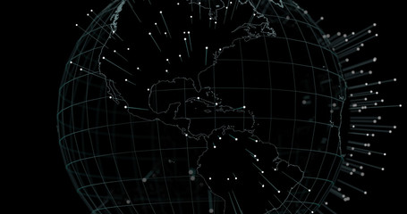 Hologram world globe America map 3D illustration with particles on black background.