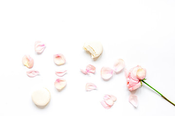 Spring trandy design with macaroons and blossom white background