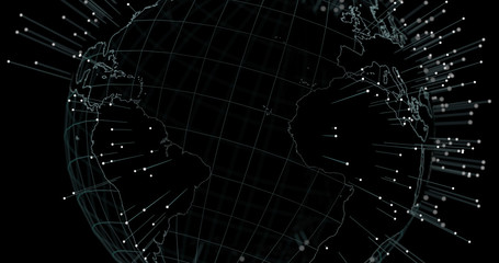 Hologram world globe map 3D illustration with particles on black background.