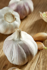 Garlic close up on wooden plate on rustic background, shallow depth of field, selective focus, macro