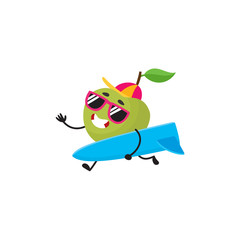 Vector cartoon summer symbol fruit character in sunglasses, cap icon. Apple going to beach surfing holding surf smiling, Isolated illustration on a white background.