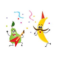 Vector flat fruit characters summer party set. Banana in party hat, mustache pear rockstar playing electric guitar singing song. Summer vacation, Isolated illustration, white background