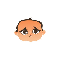 Vector flat baby face with sad facial expression, dissapointed unhappy boy kid. Cartoon male funny emotional character portrait . Isolated illustration, white background