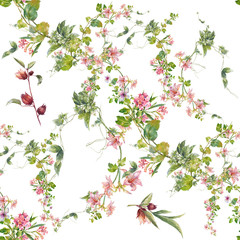 Watercolor painting of leaf and flowers, seamless pattern on white background