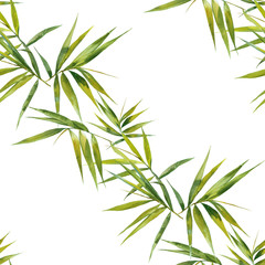 Fototapeta na wymiar Watercolor illustration of bamboo leaves , seamless pattern on white background