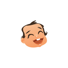 Vector flat baby face with happy facial expression, laughing and smiling boy kid. Cartoon male funny emotional character portrait with mouth open, eyes closed. Isolated illustration, white background