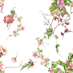 Watercolor painting of leaf and flowers, seamless pattern on white background