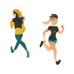 Fototapeta na wymiar Vector cartoon ranaway people set. Sportive girls, female characters in athletic casual clothing running with afraid face looking back. Isolated illustration on a white background
