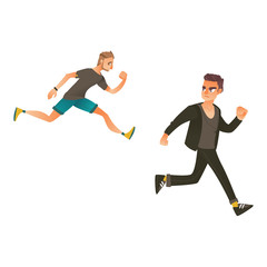 Fototapeta na wymiar Vector cartoon ranaway people set. Sportive man sprinting, young male character running with afraid face looking back. Isolated illustration on a white background