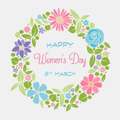 Cute card for Women's Day with cartoon flowers. Vector.