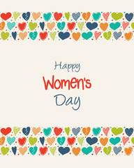 Cute hand drawn card with hearts and wishes for Women's Day. Vector.