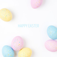 Background with pale pink, blue, yellow   Easter eggs. Compositions in pastel colors.  Easter concept