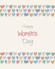 Cute hand drawn card with hearts and wishes for Women's Day. Vector.