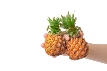 Baby pineapple in the human male hand, isolated on white background.