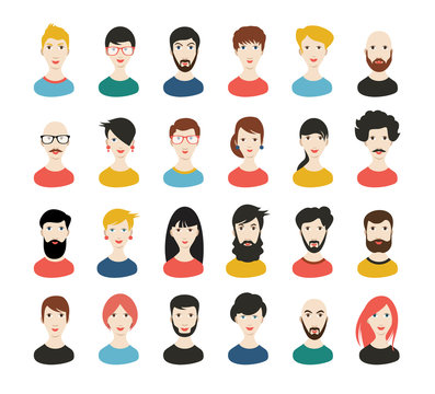 People heads icons. Face avatar. Man, woman in flat style. Vector.